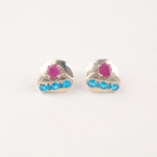 Natural Ruby And Apatite Gemstone Studs Sterling Silver Sunrise Earrings Gifts - Picture 3 of 7