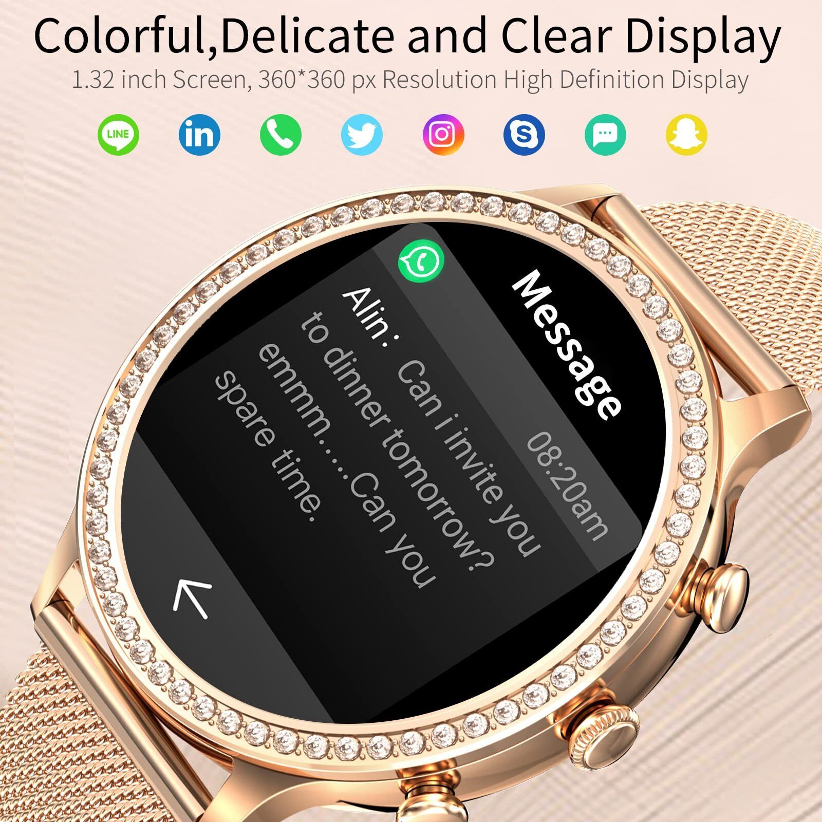 Smartwatch Damen mit Telefonfunktion 1,32 Display für Android iOS - Gold Rosa