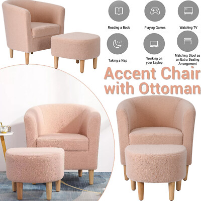 Pink Sherpa Accent Arm Chair Upholstered Single Sofa W/ Ottoman