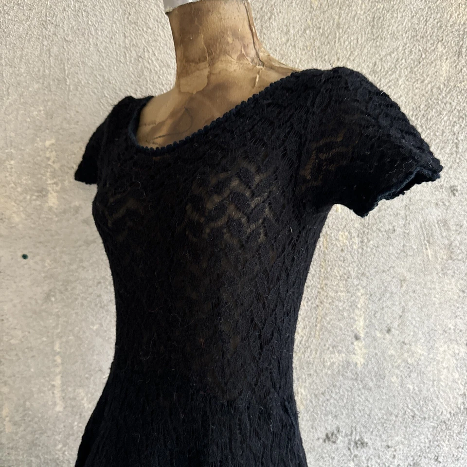 Vintage 1930s Henri Bendel Black Wool Knit over Silk Chiffon Mini Dress - Image 2 of 4