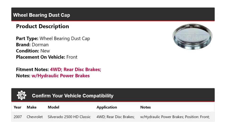 Para Chevrolet Silverado 2500 HD 2007 clásico 4x4 Dorman cojinete de rueda tapa antipolvo Foto 2 de 4