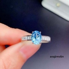 Oval Cut 1.55CT Real Aquamarine Women's Wedding Jewelry Ring 14K White Gold Over