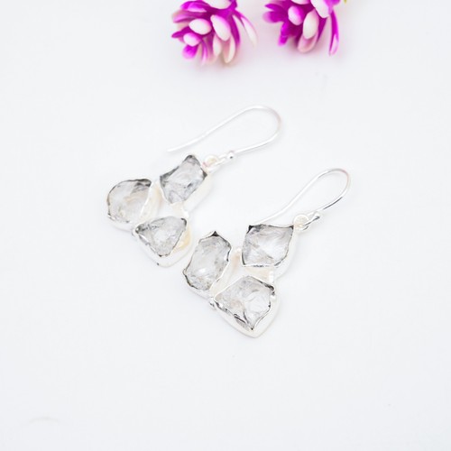 Dainty Clear Quartz Gemstone Earrings 925 Sterling Silver Handmade Jewelry Gift - Picture 5 of 5