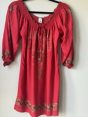 Krista Lee Boho Red Peasant Shirt Blouse Top 3/4 Sleeves Embroidered  Gold Med