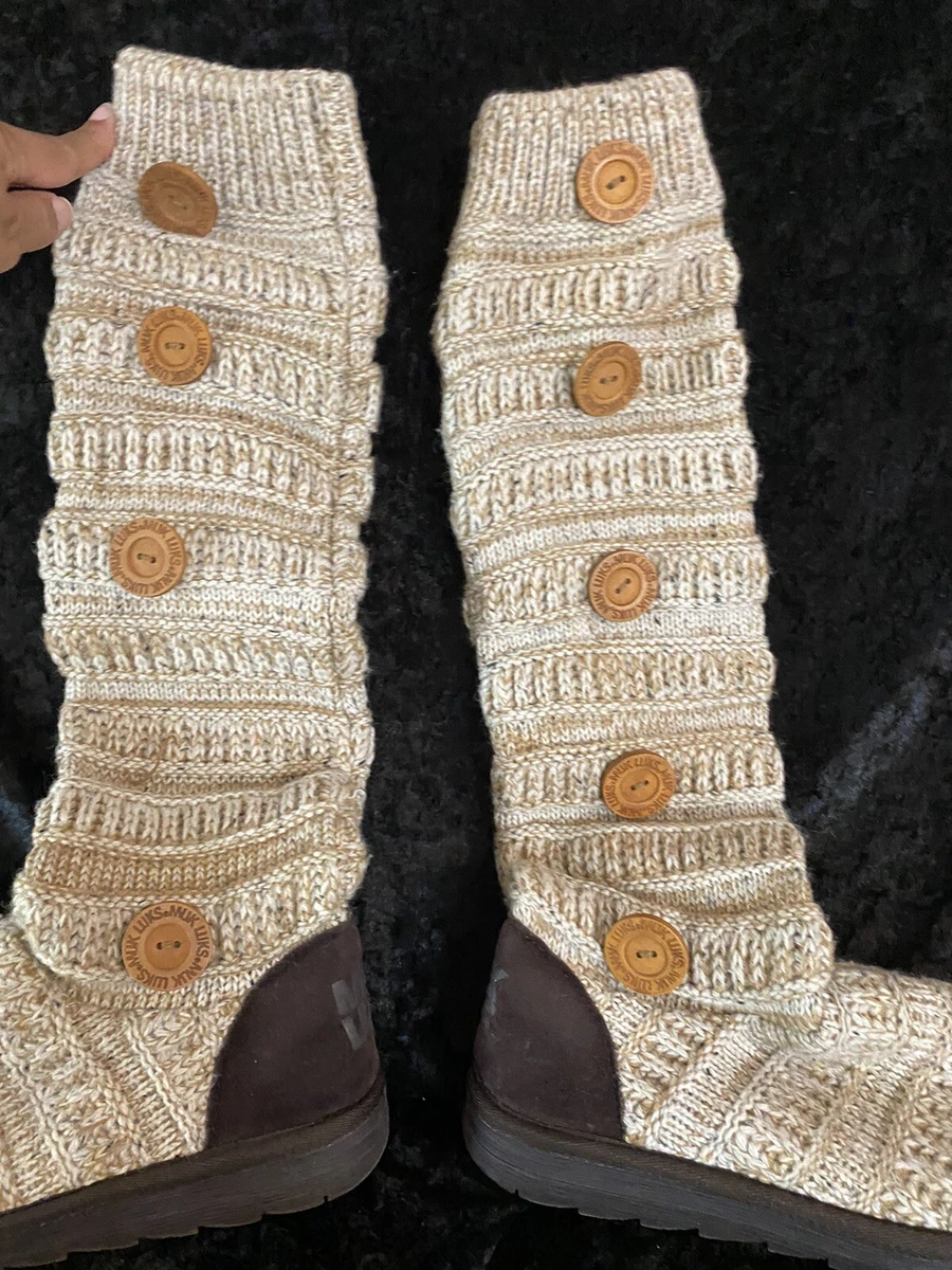 MUK LUKS Knee High Knit Sweater Slipper Sock Boots Tan Beige Brown Size 7 Button