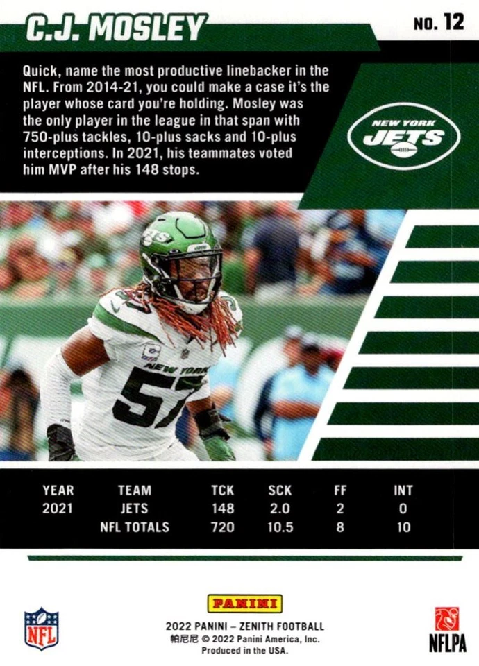 2022 Panini XR C.J. Mosley New York Jets #12 - Image 2 of 2