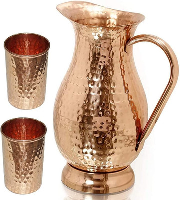 Copper Pitcher with a Lid - Pure Solid Copper Handcrafted Hammered Jug, Capacity