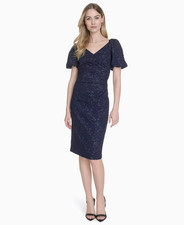 Eliza J Women's Jacquard V-Neck Short-Sleeve Sheath Dress - Navy - 14