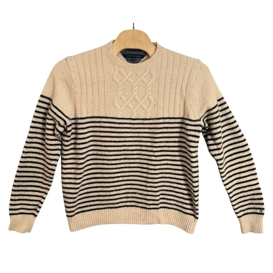 Tommy Hilfiger Mens XXL Lambswool Blend Striped Cable Crewneck Sweater Cream