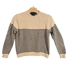 Tommy Hilfiger Mens XXL Lambswool Blend Striped Cable Crewneck Sweater Cream