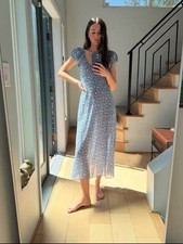 DOEN Tea break long skirt blue floral U collar one shoulder short sleeved dress