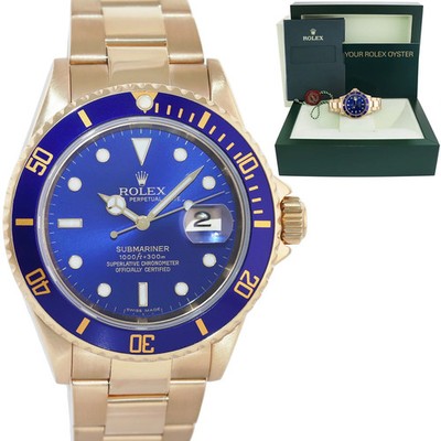 MINT 2005 Rolex 16618 Submariner Yellow Gold Sunburst Blue 40mm No Hole Case