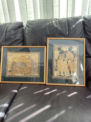 Vintage Handmade African Banana Leaf Fiber Art 2 picture Textured Collage Framed