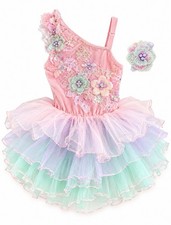 A Wish Come True Dance Costume Girls SC Pink Floral Tutu Ballet Lyrical Hair Bow