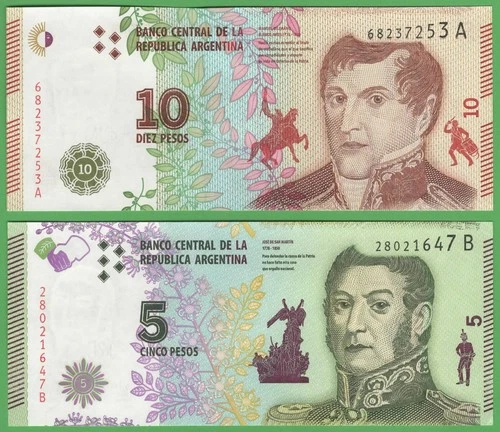 Argentina 5 and 10 Pesos Set of 2 Uncirculated South American Banknotes 2015-201