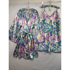 Valerie Stevens Butterfly Robe Nightgown Set Womens XL Purple Satin Loungewear