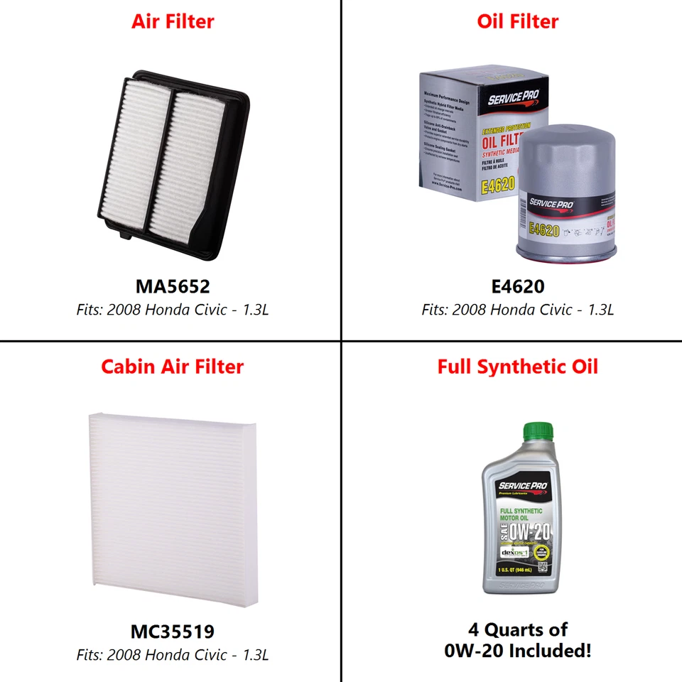 2008 Honda Civic 1.3L Complete Oil, Air & Cabin Filter Kit (0W-20) Foto 2 de 4