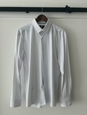 Hugo Boss Performance Slim Fit Dress Shirt XL 17 White Blue Print Stretch NWOT