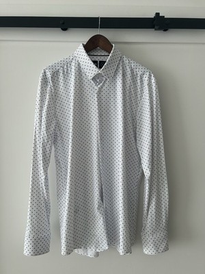 Hugo Boss Performance Slim Fit Dress Shirt XL 17 White Blue Print Stretch NWOT