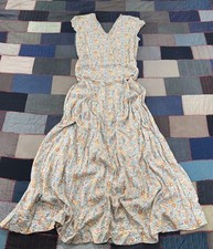 Vintage 30s Calico Ditsy Floral Tea Dress Womens Crinkle Textured V-Neck Maxi