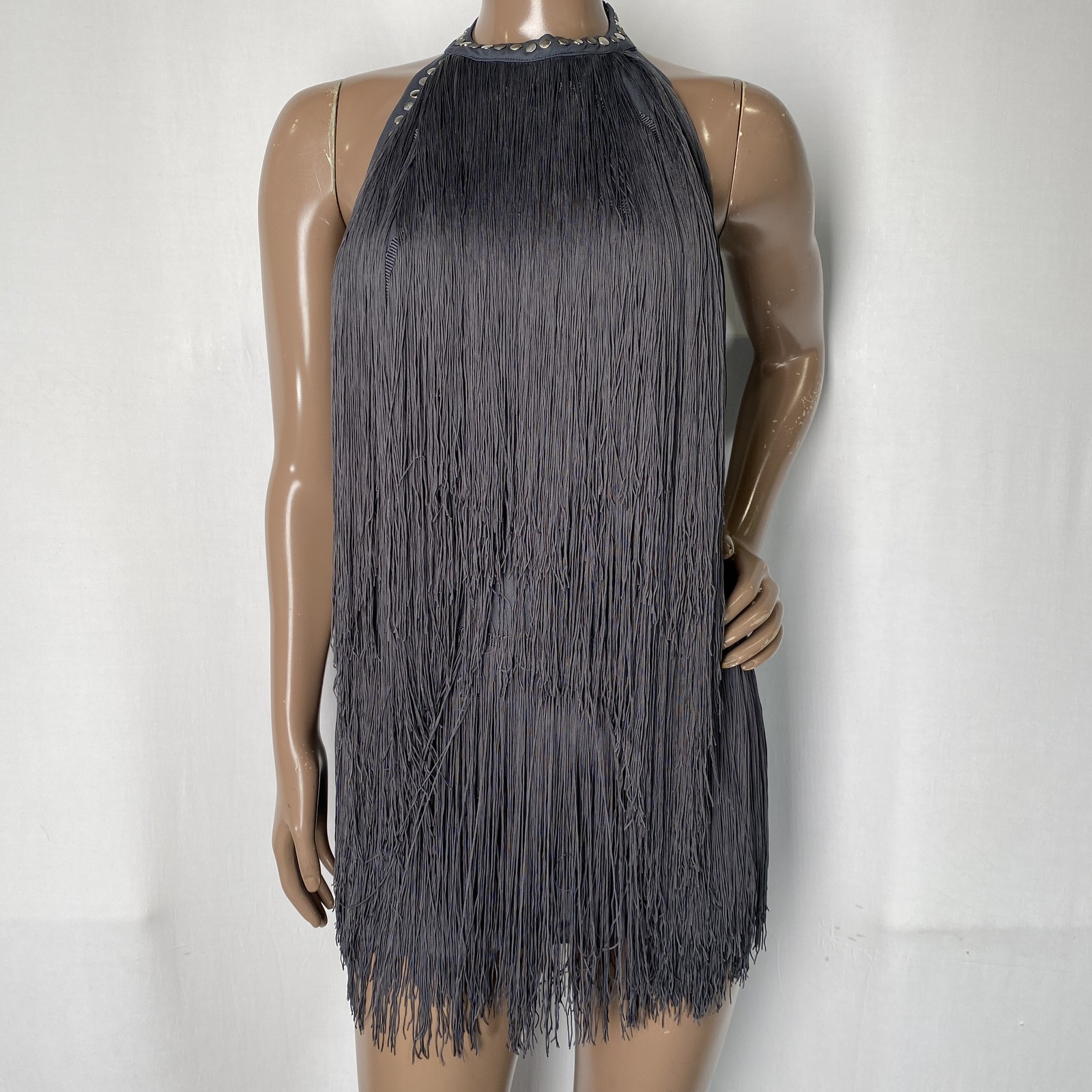 Jaded London Womens Mini Dress Charcoal Gray Size 2 Vadra Backless Fringe