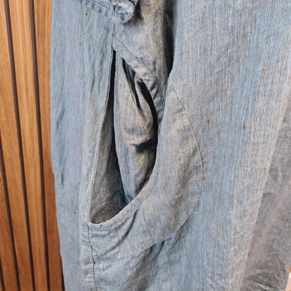 Vestido midi de lino GR Nature 44 UK 16 bolsillos a rayas verdes manga globo 3/4 Foto 4 de 4