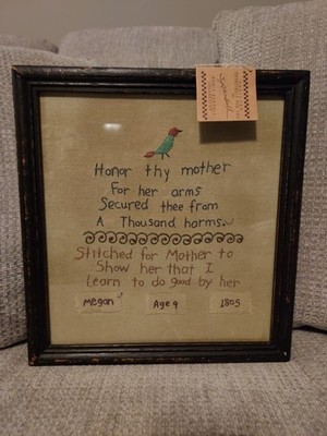 Hand Stitched Sonja Sandell ''HONOR THY MOTHER'' Framed Embroidery Linen New