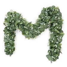  Eucalyptus Garland with White Flowers, 2 Packs 5.9Ft Green and White