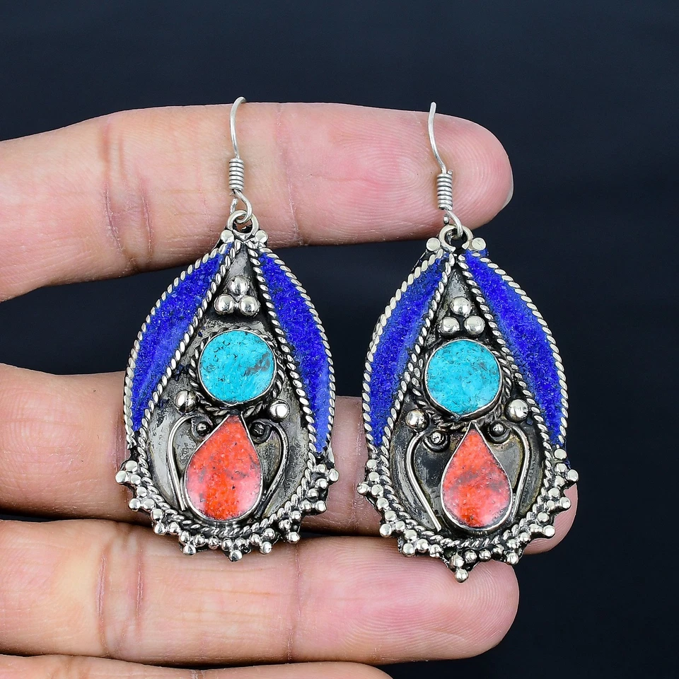 Turquoise Coral Lapis Lazuli 925 Sterling Silver Tibetan Nepali Earring 2.5" T91 - Image 2 of 4