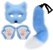 Faux Fur Cat Fox Mask Tail and Paw Set, Wolf Furry Suit Plush Therian Accessorie