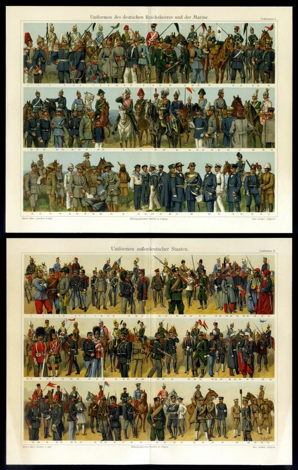 2 original Farb-Lithographien Tafeln 1905 Diverse Uniformen (1) mit Beschreibung