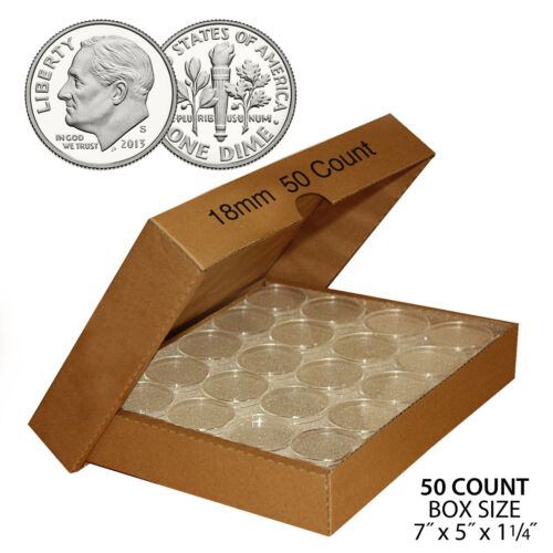 50 DIME Direct-Fit Airtight 18mm Coin Capsule Holder DIMES (QTY: 50) with BOX - Afbeelding 1 van 2