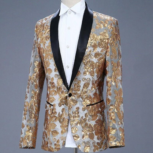 Men Sequin Shawl Lapel Suit Jacket Velvet Floral Blazer Wedding Prom Coat Tops - Picture 9 of 21