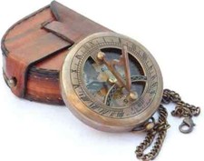 Vintage Maritime Taschen Sonnenuhr Maritim Messing Kompass mit Antik Lederetui