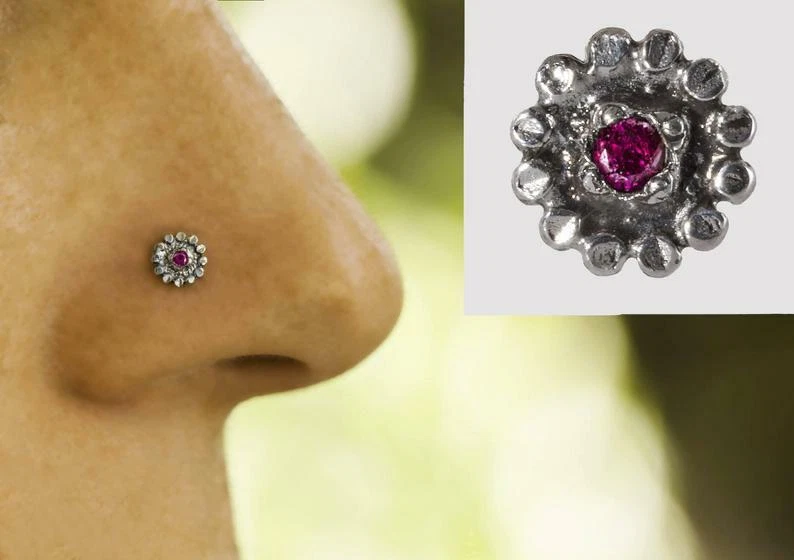 Hermoso anillo de nariz clásico con pasador de rubí redondo de girasol plata argentina 935 Foto 2 de 4