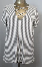 Lush White Striped V-Neck Shirt Womens Size L? Chest 40 Criss Cross 304-32559