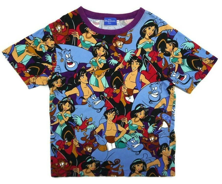 Vintage 90s Disney Aladdin T-shirt All Over Print Sz M Genie Jasmine AOP Rare