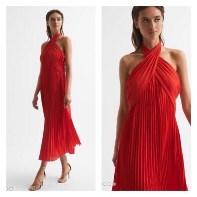 NWT Reiss Dress Roya Pleated Midi Halter Neck in Red | eBay