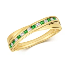 9ct Yellow Gold Green Tsavorite and Diamond Double Band Ring, Sizes J to Q (400)