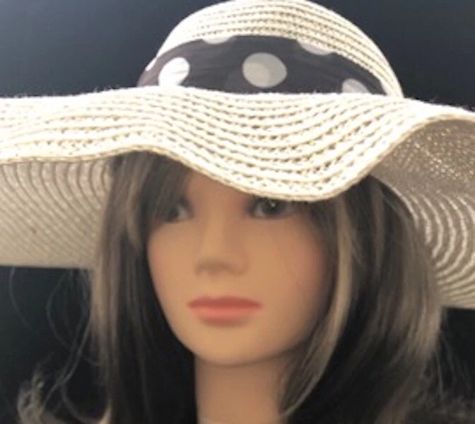 Sombrero blanco vintage de ala ancha para dama con corbata a lunares. 1970’s Foto 2 de 3