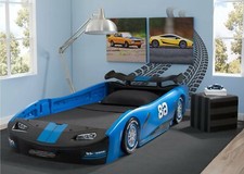 Kids Twin Bed Blue Sports Racing Car Nascar Toddler boy wheels zoom ride drive
