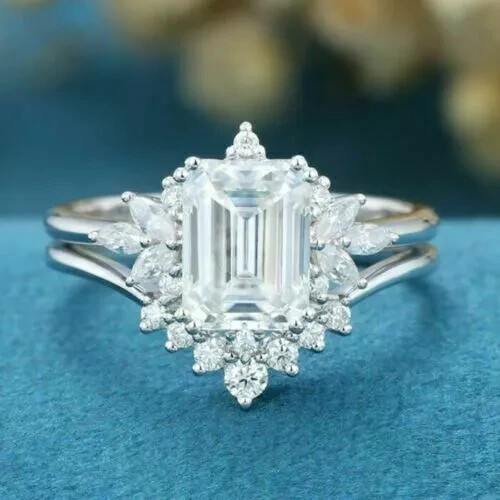 3Ct Emerald Cut Lab Created Diamond 14k White Gold FN Engagement Ring Bridal Set - Afbeelding 3 van 7