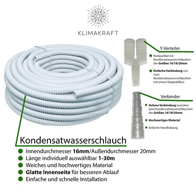 Kondensatschlauch Kondenswasser 1-30m/Y-Verteiler/Verbinder Klima 16/18/20mm