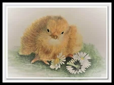 "Baby Chick and Daisies" Original Watercolor Painting Bird Nature Cuteness Grass
