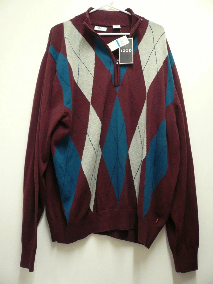 New IZOD Port Royale Mens Size XL 1/2 Zip Marroon Gray Blue Argyle Neck Sweater - Image 4 of 4