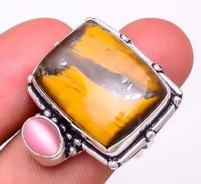 Natural Yellow Tiger'S Eye & Cat'S Eye Gemstone 925 Silver Plated Ring s.8.5 F27