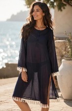 New Tory Burch Sandy Tassel Trim Midi Tunic Dress Navy Cotton Cover Up Small