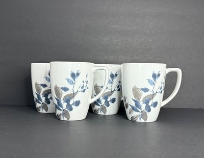 Set of 4 Corning Corelle, Kyoto Night Blue Gray Leaves 11 oz. Coffee Mugs