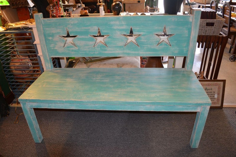 Santa Fe NM Rustic Aqua Distressed Heavy Wood Bench Seat Cut Out Stars Back VA