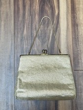 Vintage 1960s Harry Levine HL Gold Lame Clutch Handbag With Gold Clasp And Chain